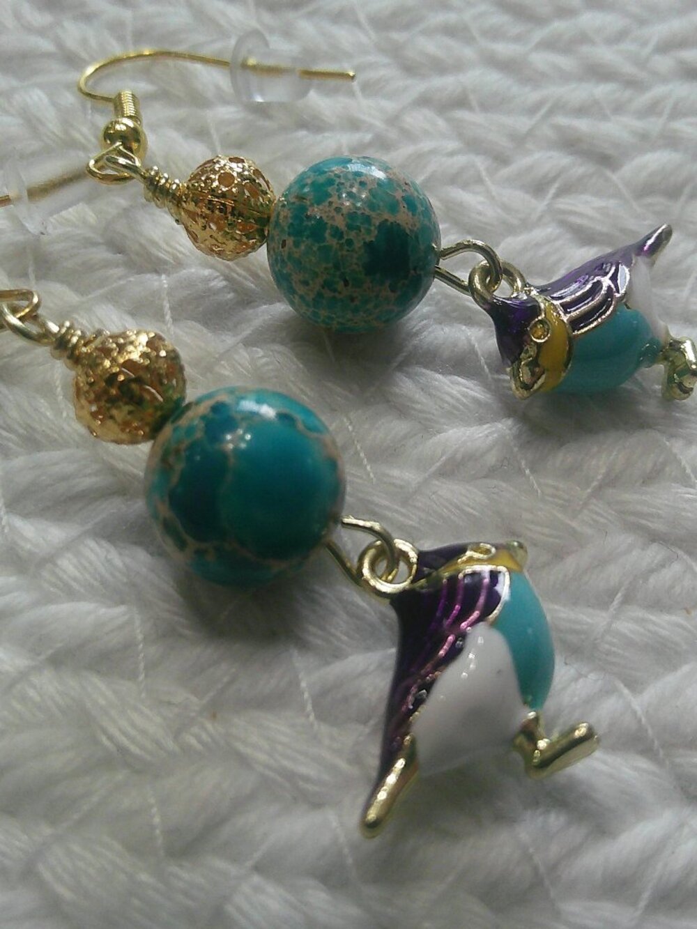 Whimsical TEAL MOSAIC JASPER & PURPLE BIRD Gold Charm Earrings #301F